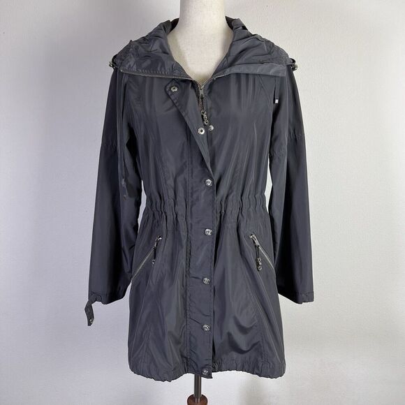 Betsey Johnson Hooded Jacket Women's Small Petite Grey Cinch Waist Rain Coat - Picture 1 of 16